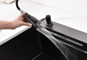 English Elm Waterfall Matte Black Stainless Steel Workstation Sink with Pull Out Faucet and Prep Rail T3177P286036