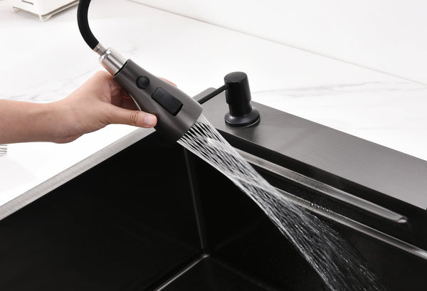 English Elm Waterfall Matte Black Stainless Steel Workstation Sink with Pull Out Faucet and Prep Rail T3177P286036