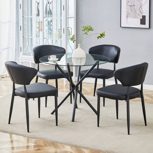 English Elm Table Set: Modern Transparent Glass Dining Table With 4 Ergonomic Black Pu Chairs For Stylish Comfort W1151S03671-GIGA