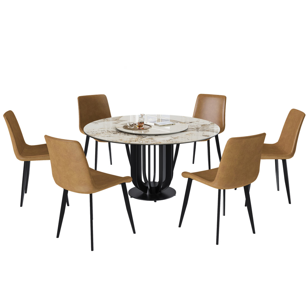 English Elm 53" Round Sintered Stone Dining Table With Lazy Susan & Steel Base – Perfect For Modern Homes! W2699S00044