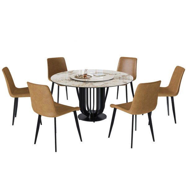 English Elm 53" Round Sintered Stone Dining Table With Lazy Susan & Steel Base – Perfect For Modern Homes! W2699S00044