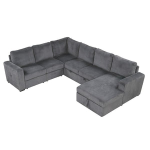 English Elm U_Style U-Shaped Corduroy Sectional Sofa With Storage & Usb Ports - 6-Seater Comfort For Any Space N711P235751E-GIGA