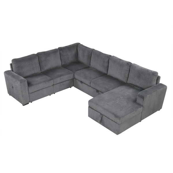 English Elm U_Style U-Shaped Corduroy Modular 6-Seater Sofa With Storage & Usb Charging – Perfect For Any Space! N711P235754E-GIGA