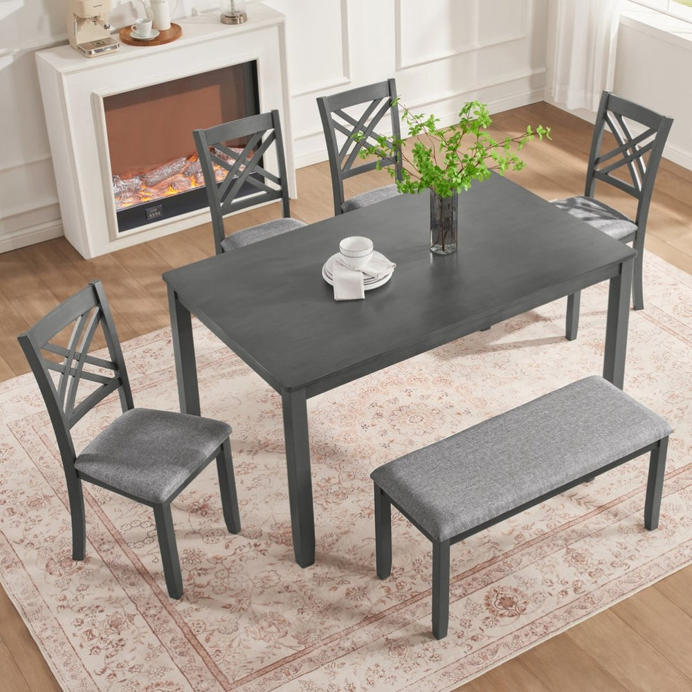 English Elm 6 Piece Rubberwood Dining Set with Bench and Linen Chairs for Transitional Kitchen W1998S00105
