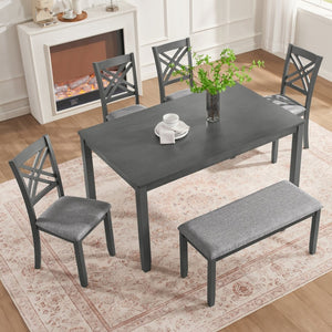 English Elm 6 Piece Rubberwood Dining Set with Bench and Linen Chairs for Transitional Kitchen W1998S00105