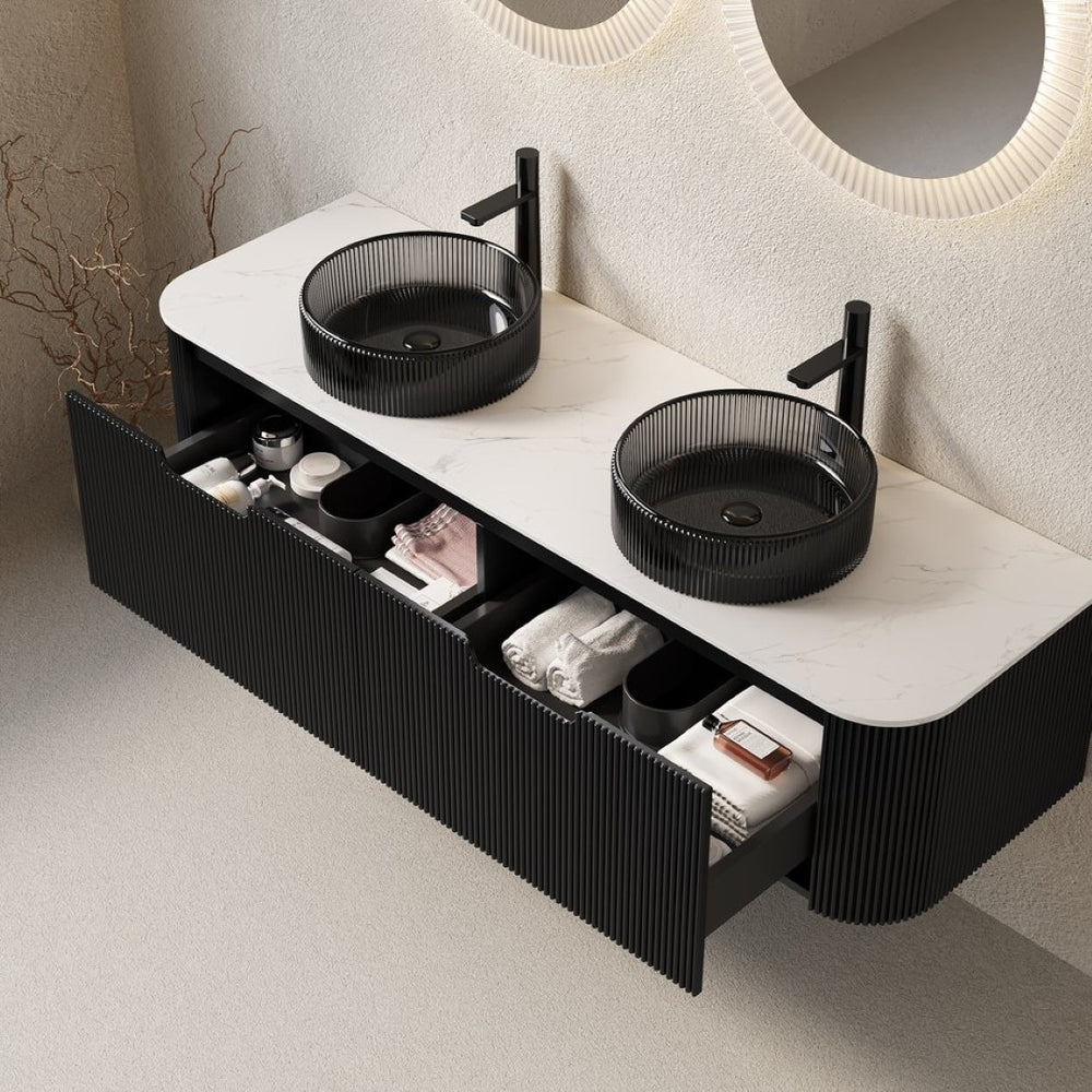 English Elm Dina 60 Inch Floating Bathroom Vanity Sintered Stone Top Dual Glass Basins Wood Grain Black,Carrara White W2615S00249
