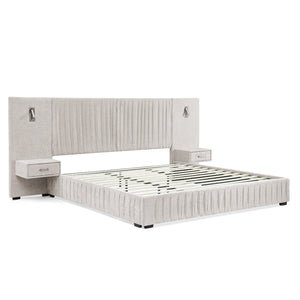 English Elm Queen Modern Upholstered Platform Bed with Pleated Chenille Headboard, Built-In Nightstand & Lamp Beige W487S00402