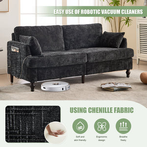English Elm Modern chenille 2-seater sofa with LED lighting, USB charging, storage pocket, sturdy wood legs Black W395P318548