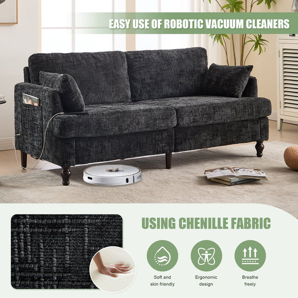 English Elm Modern chenille 2-seater sofa with LED lighting, USB charging, storage pocket, sturdy wood legs Black W395P318548