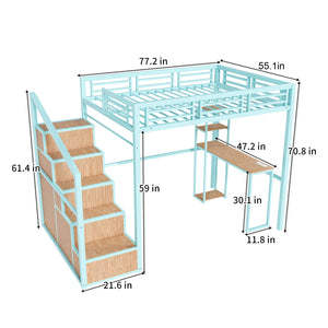 English Elm Full Loft Bed with Desk, 4 Cabinets & Staircase Storage — Metal Frame, Built-In USB/Outlets, Space-Saver Green W2700S00060