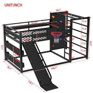 English Elm Twin Metal Loft Bed with Slide Basketball Hoop Climbing Wall and Built-in Shelves W1580S00343