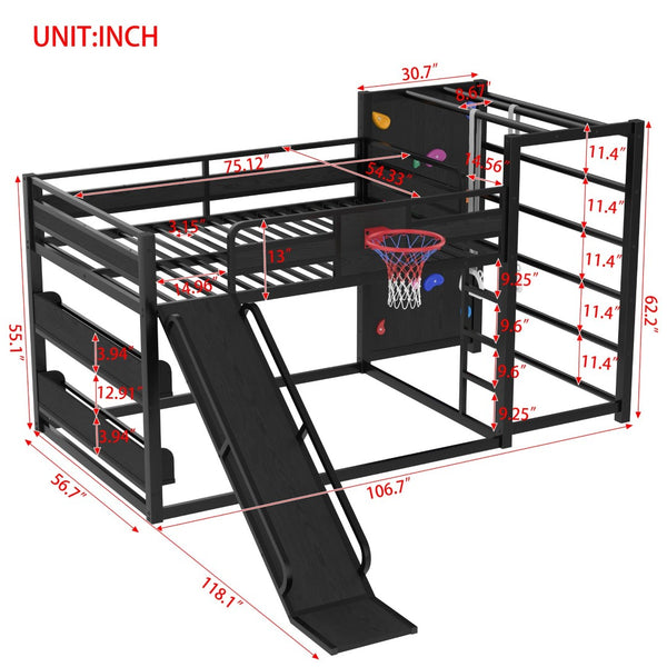 English Elm Twin Metal Loft Bed with Slide Basketball Hoop Climbing Wall and Built-in Shelves W1580S00343