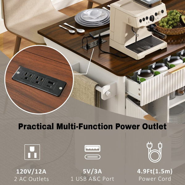 English Elm K&k Fluted Rolling Kitchen Island Faux Marble Top Power Outlet Drop Leaf Storage White N707S000019W