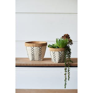 English Elm Set Of 2 Stylish White & Brown Cement Planters With Bold V Pattern For Indoor/Outdoor Plants W2078P322889-GIGA