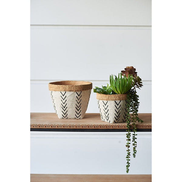 English Elm Set Of 2 Stylish White & Brown Cement Planters With Bold V Pattern For Indoor/Outdoor Plants W2078P322889-GIGA
