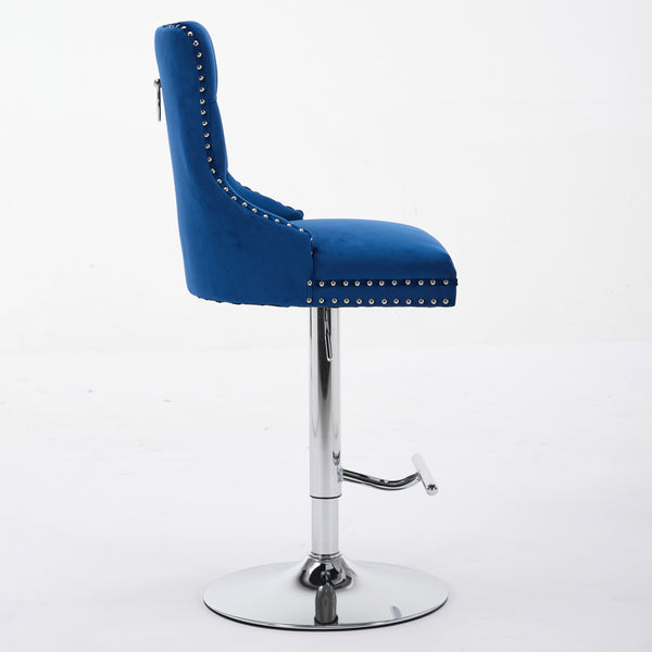 English Elm Thick Velvet Swivel Barstools Adjustable 25-33" Height with 17.7" Chrome Base, Tufted Diamond Pleat Elegance Blue W1143P335044