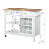 English Elm Homcom Rolling Kitchen Island With Storage, Kitchen Cart With Solid Wood Top, Glass Door Cabinet, Adjustable Shelf, Towel Rack, 2 Drawers For Dining Room, White