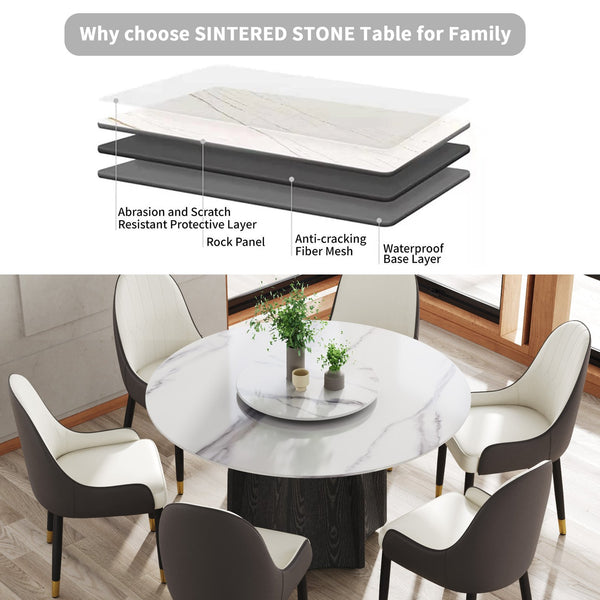 English Elm 53" Round Marble Dining Table With Lazy Susan, Black Oak Base For 6, Modern Elegance For Your Home W1535S00380