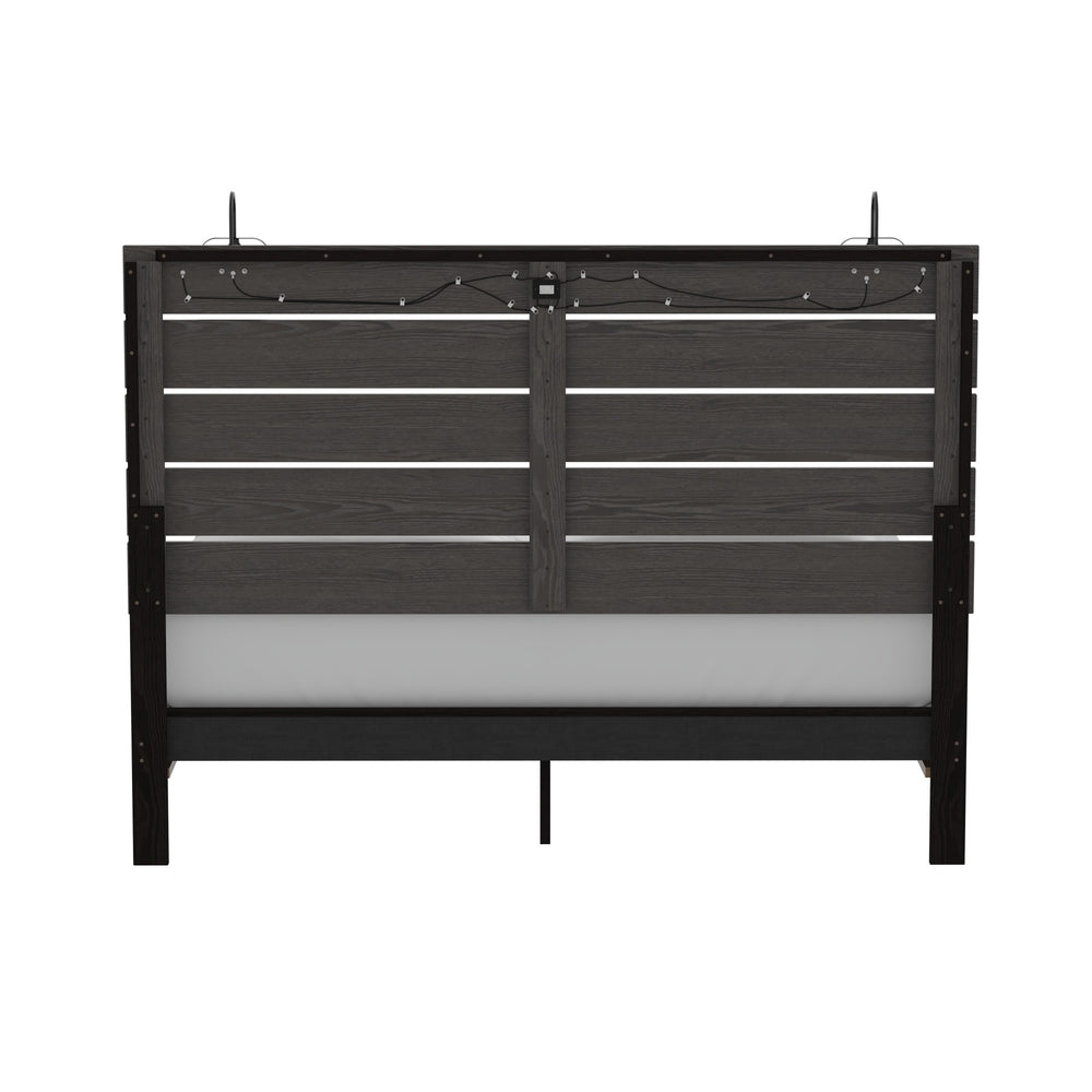 English Elm Wallace & Bay - Brown King Bed With Lights – Modern Farmhouse Stone Brown Wood Frame, Built-In LED Lighting & Easy Care B361S00011