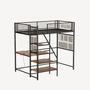 English Elm Black Metal Loft Bed with Built-in Desk Rgb Led Lighting and Charging Station Black W1671S00004