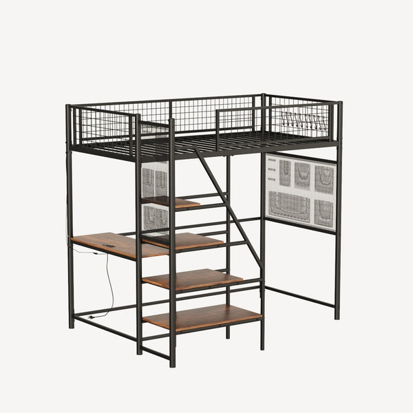 English Elm Black Metal Loft Bed with Built-in Desk Rgb Led Lighting and Charging Station Black W1671S00004