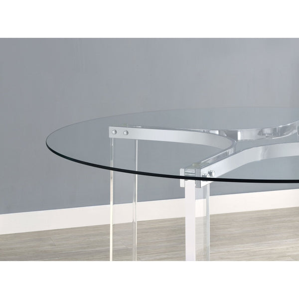 English Elm Uptown Round Glass Top Acrylic 5 Piece Dining Set with Chrome Sled Chair Bases B062S01784