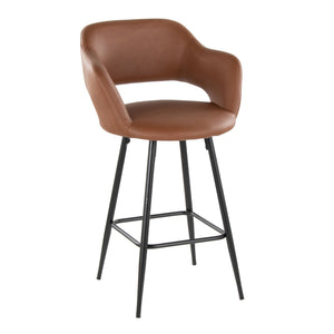 English Elm Margarite Contemporary 26" Fixed-Height Counter Stool Set of 2 — Faux Leather Seat, Black Metal Frame, Ergonomic Cutout Brown B202S00357