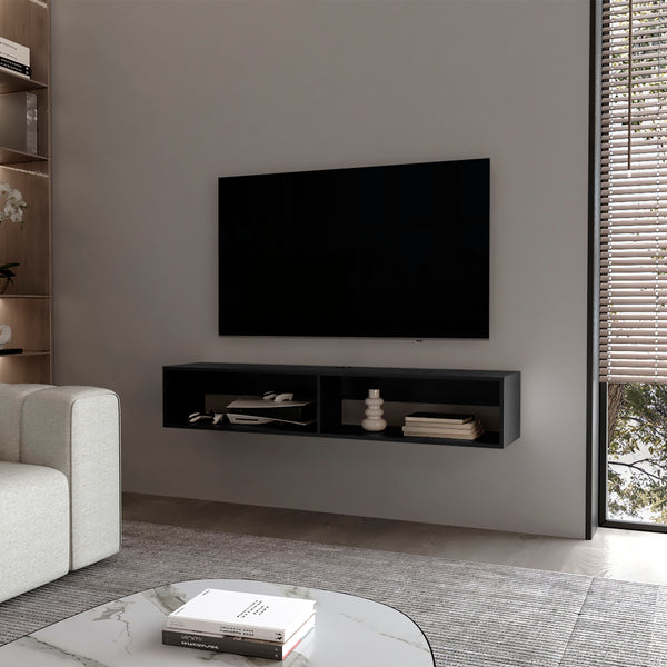 English Elm Central Floating media rack in melamine with two shelves, black — Space-saving TV stand, durable, modern design, 59.1"W x 12.6"D x 10.4"H B128P227637