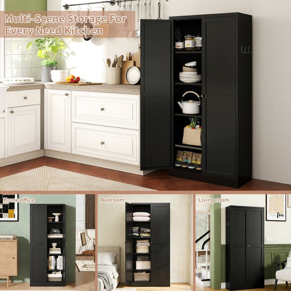 English Elm 61" Matte Black Steel Freestanding Pantry Cabinet with 4 Adjustable Shelves Modern Farmhouse T2398P465983