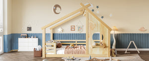 English Elm Twin House Bed Low Profile Pine Wood Frame with Shelf Montessori Kids Floor Sleeping Natural W5305P429645