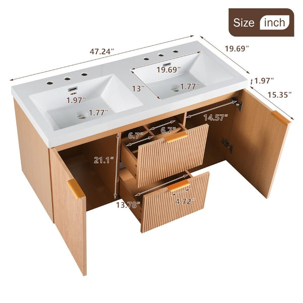 English Elm [video]47.24 Inch Floating Double Sink Vanity Mdf Cabinet Gold Handles Modern Bath N729P000025N