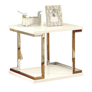 English Elm Contemporary White End Table with Chrome Frame accents, High-Gloss Lacquer Shelf, 23.6" Square, Modern Appeal B011S01029