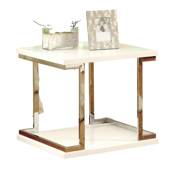 English Elm Contemporary White End Table with Chrome Frame accents, High-Gloss Lacquer Shelf, 23.6" Square, Modern Appeal B011S01029