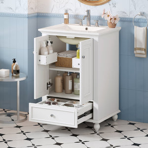 English Elm 24'' French Style Bathroom Vanity with Ceramic Sink Soft Close Cabinet and Drawer White N710P411227K