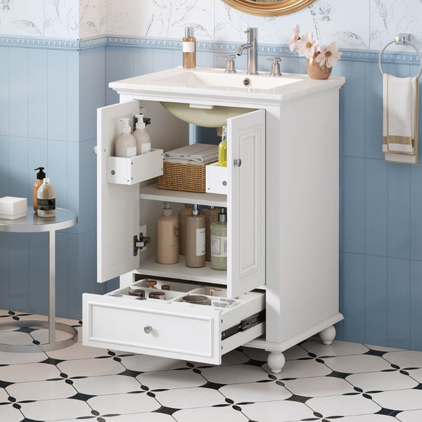English Elm 24'' French Style Bathroom Vanity with Ceramic Sink Soft Close Cabinet and Drawer White N710P411227K
