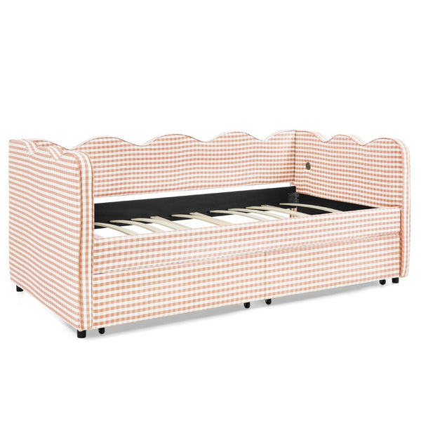 English Elm Twin Gingham Linen Daybed with Wave Silhouette Usb Port and Dual Storage Drawers Pink W1413S00142