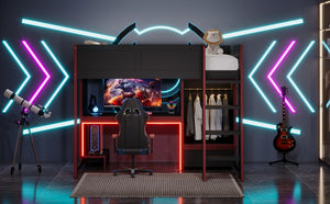 English Elm Wood Twin Gaming Loft Bed with Desk, Wardrobe, LED Lighting & Drawer — Space-Saving Black Red Accent, 400lb Capacity N7090004010B