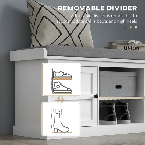 English Elm Entryway Storage Bench with Linen Cushion Enclosed Cabinets and Open Shoe Shelf T3971P430876