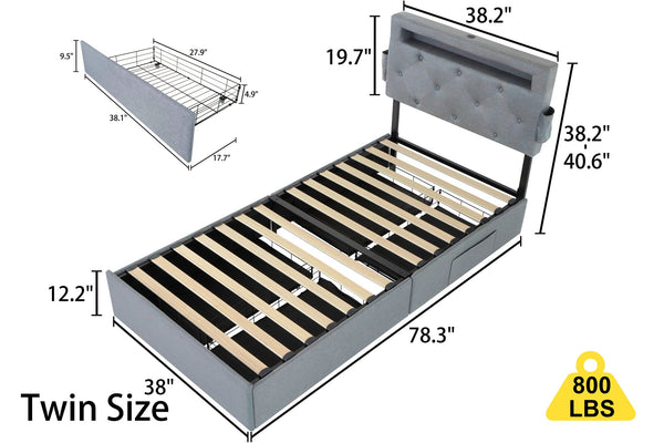 English Elm Twin Upholstered Bed Frame with Headboard, 4 Storage Drawers, USB Ports, RGB LED Mood Lighting W1960P175563