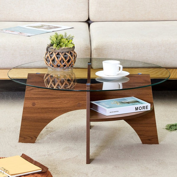English Elm Round Tempered Glass Coffee Table with Fan Pedestal Base for Modern Living Rooms Transparent,Walnut W1151P256004