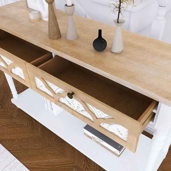 English Elm 48 Inch Console Table Natural+White with 2 Drawers & Bottom Shelf, Solid Wood Legs, Vintage Chic MDF Design W716P197959