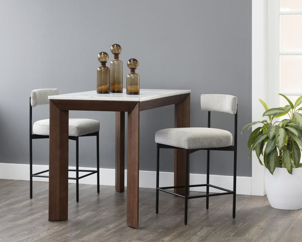 Sunpan FERGUS Counter Table - Elegant White Marble Top with Solid Rubberwood Legs for Modern Dining Spaces 104403