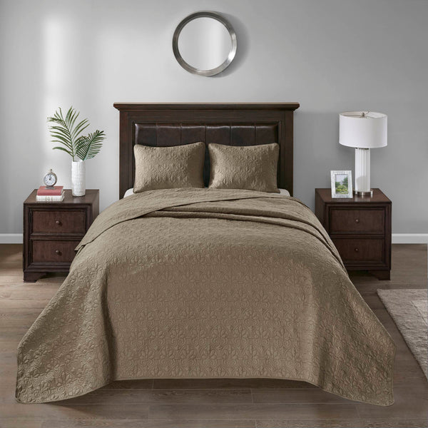 JLA Home Madison Park - 3 Reversible Bedspread Set with Quilted Stitch Texture, Antimicrobial Cotton Fill, Oversized Drapey Elegance Khaki MP13-1565