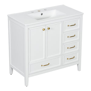 English Elm Christopher Knight Home® - 36" Vintage-inspired Bathroom Vanity with Ceramic Sink, Solid Wood Frame, Soft-Close Drawers, Spacious Storage White N759P293646K