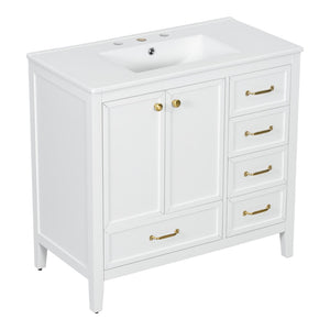 English Elm 36" Solid Pine Bathroom Vanity with Ceramic Sink 4 Soft Close Drawers Vintage Style White N759S293646K