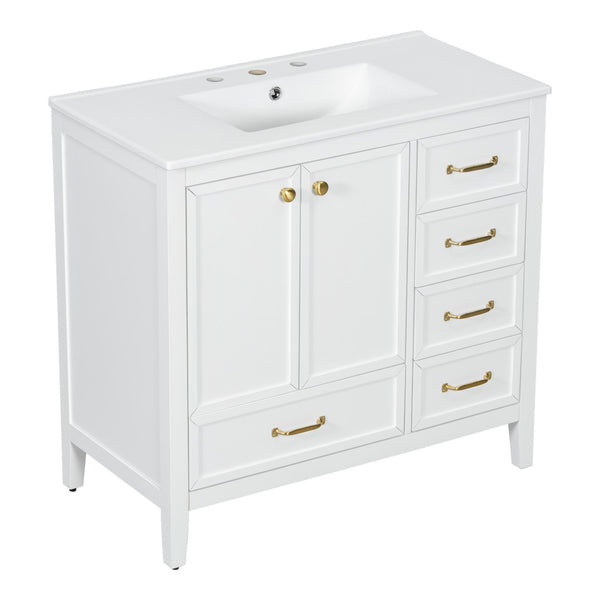 English Elm 36" Solid Pine Bathroom Vanity with Ceramic Sink 4 Soft Close Drawers Vintage Style White N759S293646K
