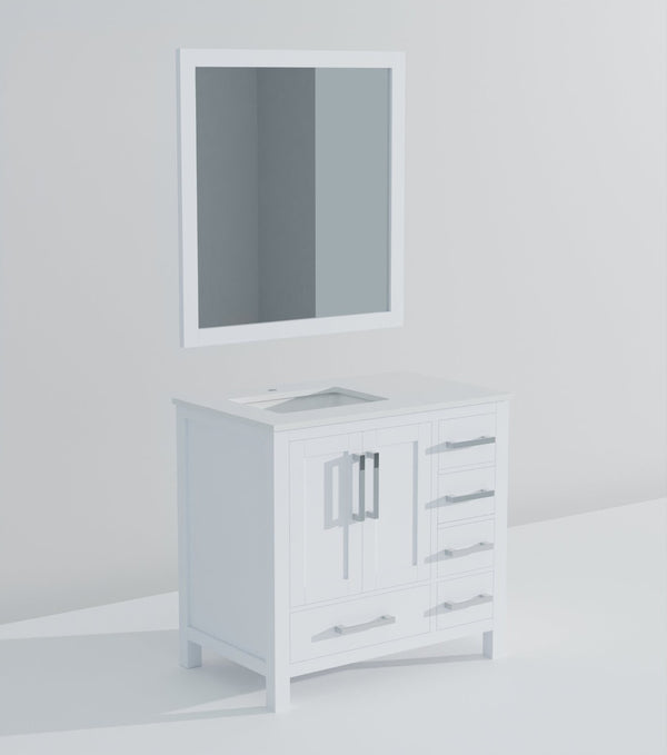 English Elm White Bath Vanity 36" W X 22" D With Left Offset Quartz Top & 34" Mirror - Stylish Storage Solution! B2731S00681-GIGA