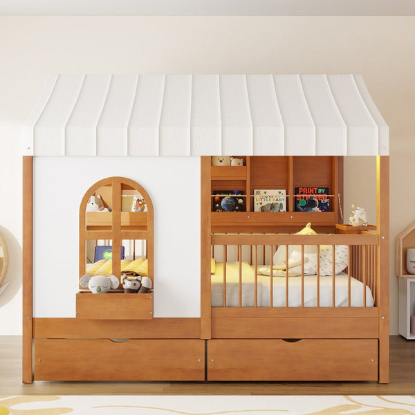 English Elm Full Size Kids House Bed with Led Bookshelf Storage Drawers and Charging Station Walnut LP000378AAL