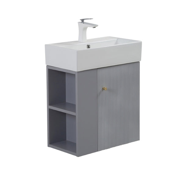 English Elm 21.6" Floating Vanity Base Matte Grey Gold Hardware Soft Close Open Shelf Bath W1920P446810