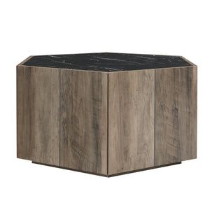 English Elm Christopher Knight Home® - Hexagonal Rustic Retro Wood Coffee Table with 2 Hidden Drawers, Textured Marble Tops, Oak Finish Black,Light Brown N770P309823L